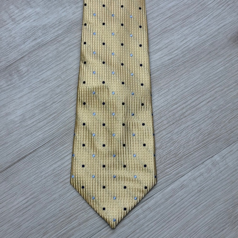 Tasso Elba Mens Gold‎  Blue Polka Dot Silk NeckTie Handmade Formal Attire